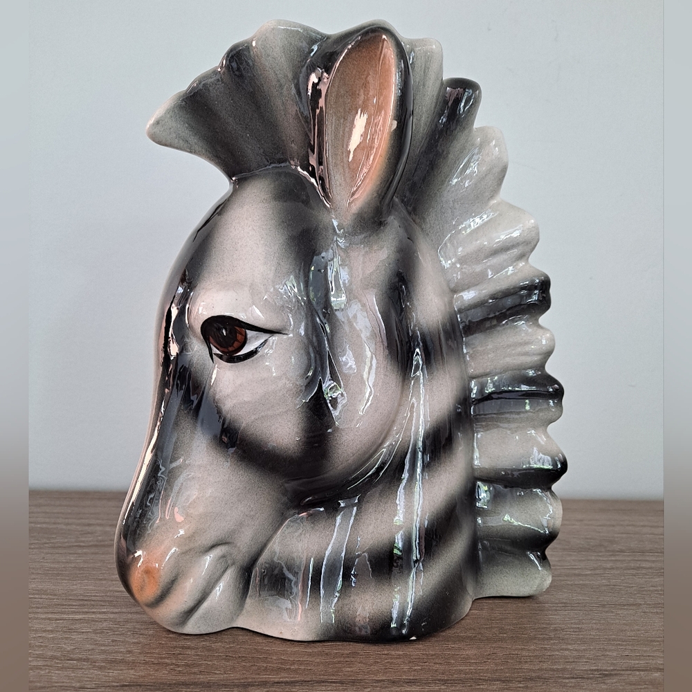 Vintage Ceramic Zebra Head Vase. Eclectic Bohemian, Art Deco, Hollywood Regency